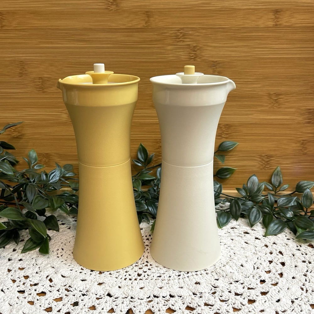 Vintage 1970s Tupperware Oil & Vinegar Cruets Set of 2 Harvest Gold & Almond
